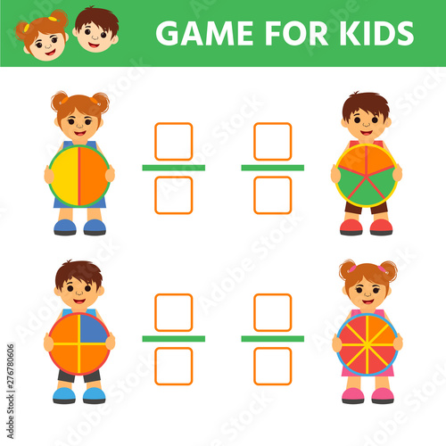 Mathematics educational game for children, development of logic, iq. Study the fractions numbers, example with of a circles.