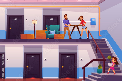 Relocation to new home cartoon vector concept. Happy family, young parents with daughter carrying furniture, plants flowerpots from rental apartments condo to new house, better dwelling illustration