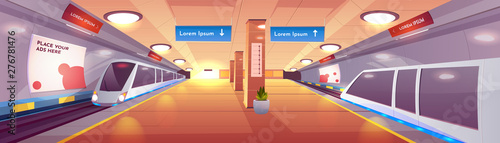 City rapid transit system, modern railway underground station cartoon vector interior with subway, high-speed passenger trains on rails, empty platform with lines map, advertising banners illustration
