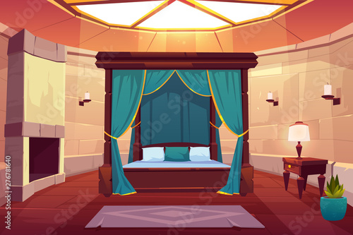 Modern hotel luxury apartments in medieval castle, ancient mansion, kings bedroom cartoon vector interior. Huge wooden bed with curtain, antique furniture, stone fireplace, glass ceiling illustration