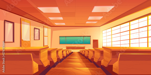 Modern university auditorium, college classroom, high school lecture hall cartoon vector empty interior with long chalkboard, lecturers table, students desks with seats on stairs illustration