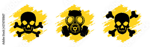 Toxic Hazard Grunge Signs. Poison vector symbols. Skull and crossbones signs. Gas mask warning sign