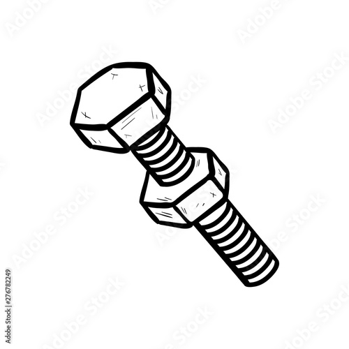 Handdrawn bolt with nut doodle icon. Hand drawn black sketch. Sign cartoon symbol. Decoration element. White background. Isolated. Flat design. Vector illustration