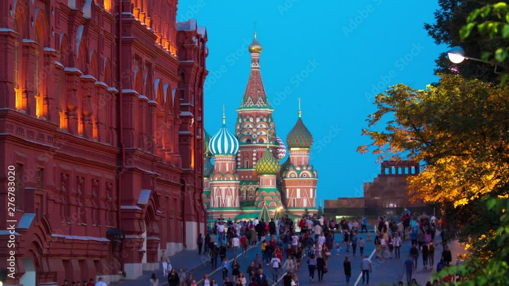 Moscow 4k video in red square. Saint basil`s cathedral is in the frame