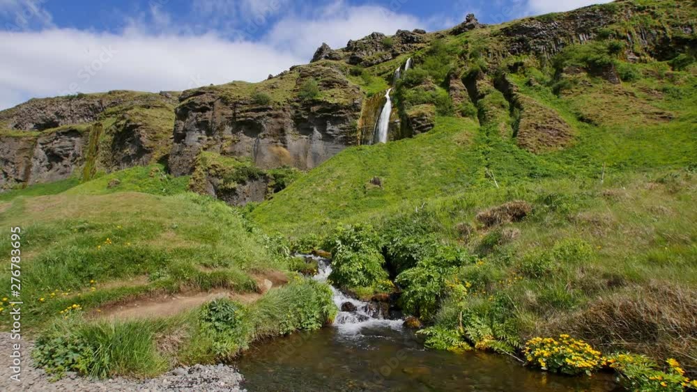 Most famous waterfall in Iceland. Majestic Seljalandsfoss in warm summer light. Most famous waterfall in Iceland. Majestic Seljalandsfoss in warm summer light.