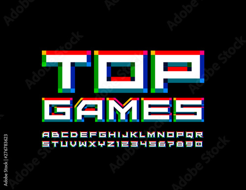 Vector bright logo Top Games with techno style Alphabet. Colorful Uppercase Font. Modern creative Letters and Numbers