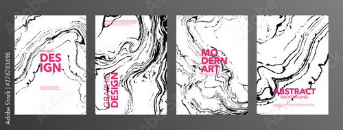 Monochrome suminagashi paper vector banner pack. Black and white ebru stains illustrations with pink typography.