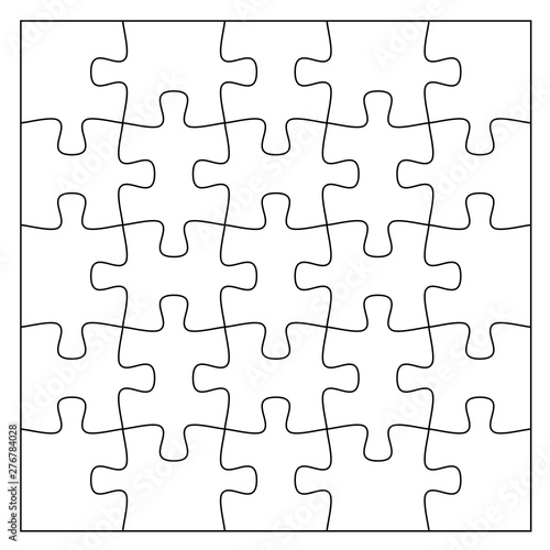 Set of black and white puzzle pieces. Jigsaw grid puzzle 25 pieces. Line mockup - stock vector.