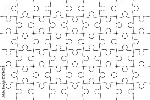 Set of black and white puzzle pieces. Jigsaw grid puzzle 48 pieces. Line mockup - stock vector.