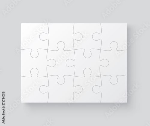 A lot of piece flat puzzle presentation. Jigsaw grid puzzle 12 pieces. Realistic mockup with shadow - stock vector.