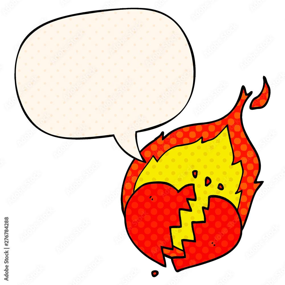 cartoon flaming heart and speech bubble in comic book style