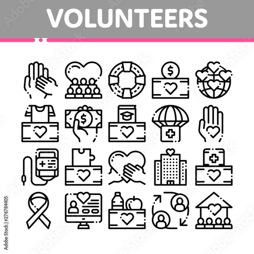 Volunteers Support Vector Thin Line Icons Set. Volunteers Support, Charitable Organizations Linear Pictograms. Blood Donor, Food Donations, Financial Help, Humanitarian Aid Color Contour Illustrations