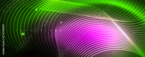 Shiny neon lines template - northern lights glowing blur lines. Futuristic style glow neon 80s disco club or night party techno template