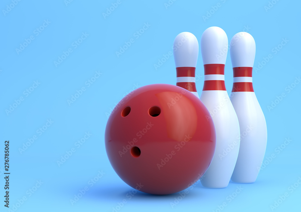 Red Bowling Ball and white skittles isolated on blue background. Realistic game set. 3D rendering illustration Red Bowling Ball and white skittles isolated on blue background. Realistic game set. 3D rendering illustration