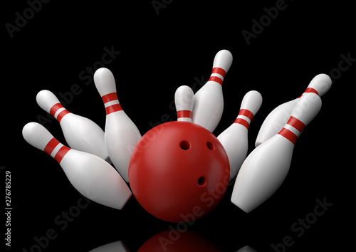 Red Bowling Ball and scattered white skittles isolated on black background. Realistic game set. 3D rendering illustration