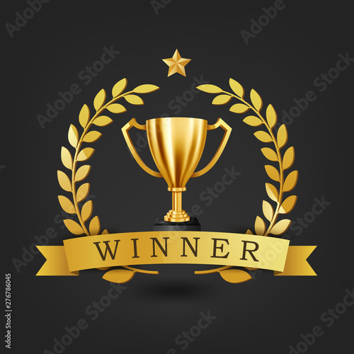 Realistic Golden Trophy with Gold Laurel Wreath and Winner text on gold ribbon