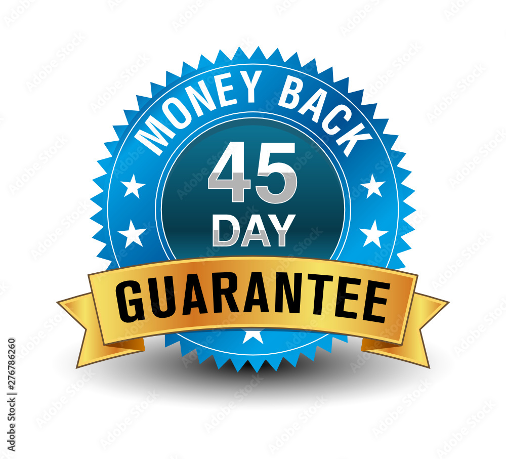 Blue powerful 45 day money back guarantee badge with golden ribbon. Blue powerful 45 day money back guarantee badge with golden ribbon.