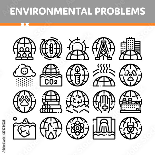 Environmental Problems Vector Thin Line Icons Set. Environmental Problem, Industrial Pollution, Contamination Linear Pictograms. Greenhouse Effect, Global Warming, Climate Change Contour Illustrations