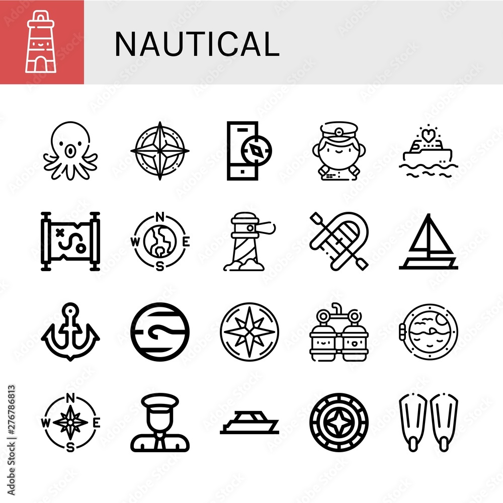 Set of nautical icons such as Lighthouse, Octopus, Compass, Captain, Yatch, Treasure map, Inflatable boat, Sailing boat, Anchor, Neptune, Oxygen, Boat porthole, Yacht , nautical Set of nautical icons such as Lighthouse, Octopus, Compass, Captain, Yatch, Treasure map, Inflatable boat, Sailing boat, Anchor, Neptune, Oxygen, Boat porthole, Yacht , nautical