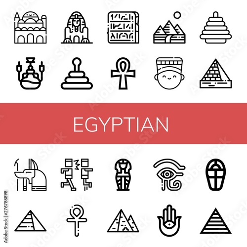 Set of egyptian icons such as Cairo citadel, Hookah, Great sphinx of giza, Pyramid, Egypt, Ankh, Pyramids, Nefertiti, Anubis, Mosh, Sarcophagus, Eye of ra, Semitic neopaganism , egyptian