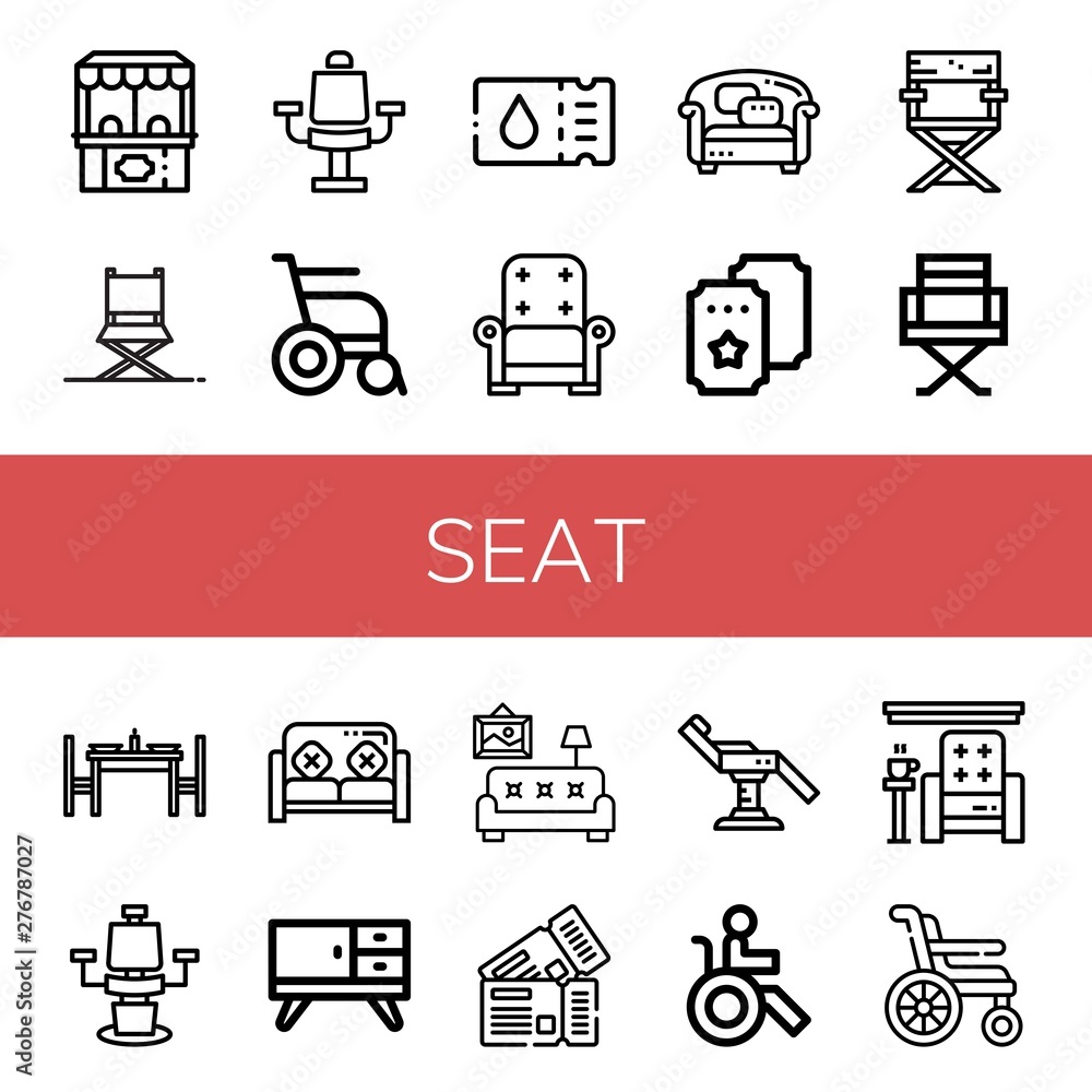 Fototapeta Set of seat icons such as Ticket office, Director chair, Chair, Wheelchair, Ticket, Armchair, Sofa, Dinning table, Furniture, Living room, Tickets, Disabled , seat