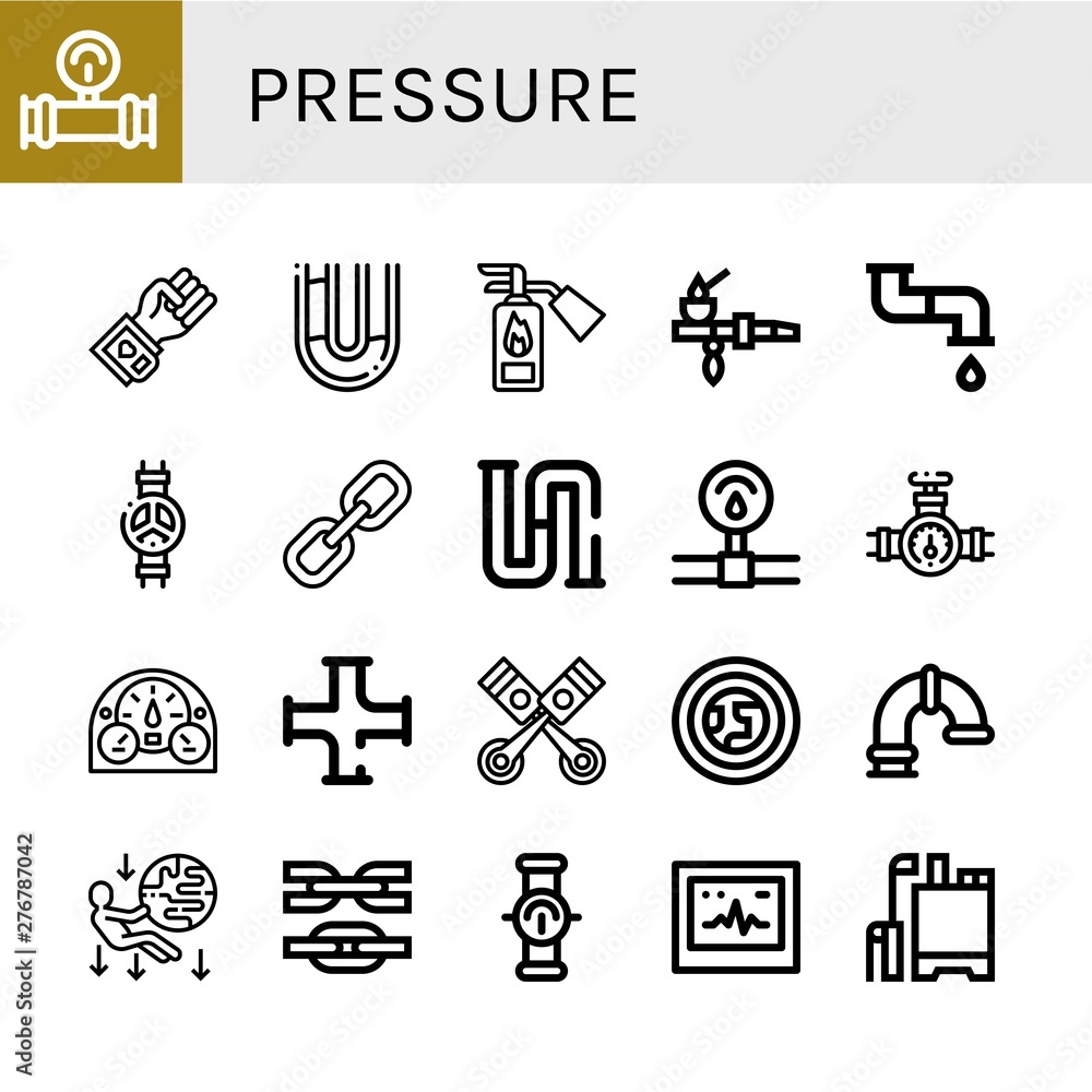 Set of pressure icons such as Manometer, Blood pressure, Pipe, Fire extinguisher, Valve, Link, Piping, Pressure, Dashboard, Pistons, Atmosphere, Gravity, Ecg, Pesticide ,