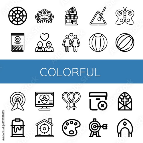 Set of colorful icons such as Color circle, Jelly beans, Kokoshnik, Gay, Pizza shop, Lesbian, Triangle, Beach ball, Butterfly, Target, Paint bucket, Rgb, Paint palette , colorful