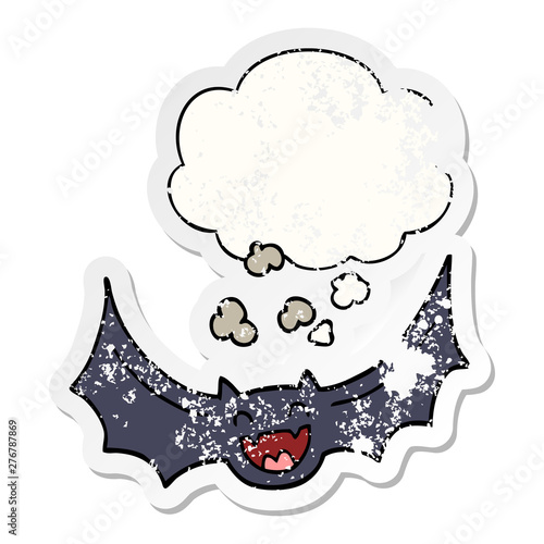 cartoon bat and thought bubble as a distressed worn sticker