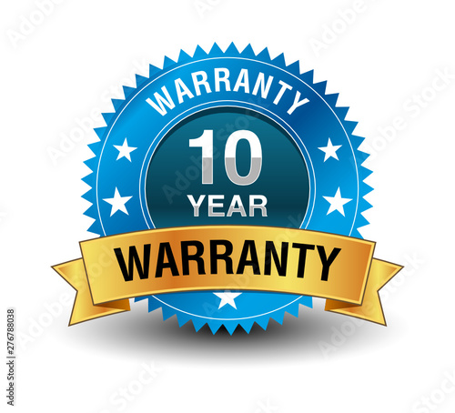 Blue powerful 10 year warranty badge with golden ribbon.