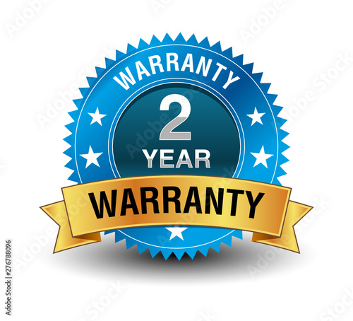 Blue powerful 2 year warranty badge with golden ribbon.