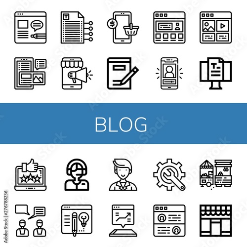 Set of blog icons such as Blog, Writing, Mobile, Testimonial, Vlog, Social media, Feedback, Commentator, Marketing, Content, Market , blog