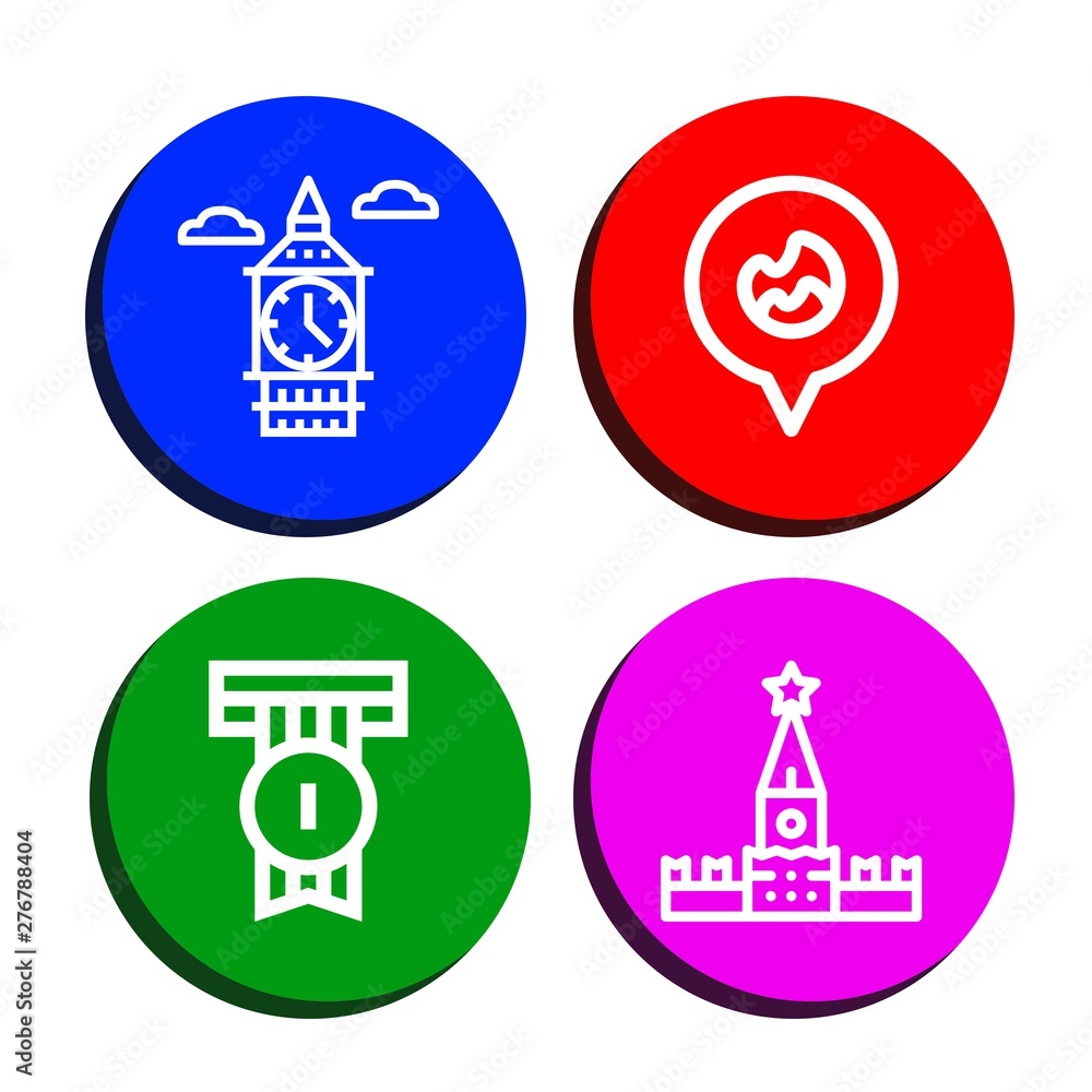 Set of place icons such as Big ben, Fire location, Badge, Kremlin , place Set of place icons such as Big ben, Fire location, Badge, Kremlin , place