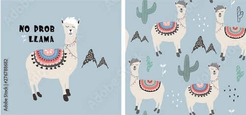 set of cute llama print and seamless pattern with llamas. vector