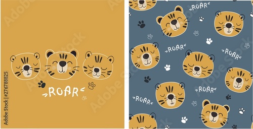 set of tiger print and seamless pattern with cute tigers.vector illustreation photo