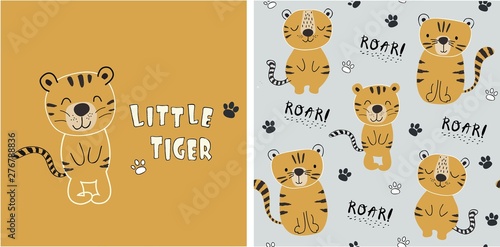 set of tiger print and seamless pattern with cute tigers.vector illustreation