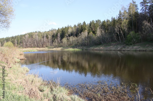 Ugra river at sunset in the spring. Moscow region