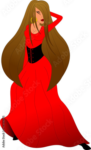 beautiful long-haired gypsy woman in a red dress