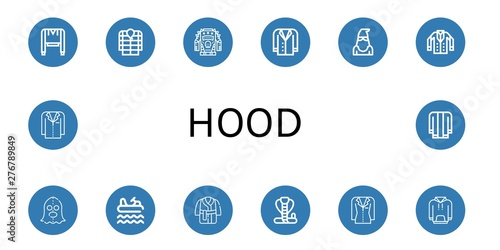 Set of hood icons such as Sweatshirt, Anorak, Jacket, Executioner, Bumper, Bath robe, Cobra, Hoodie , hood