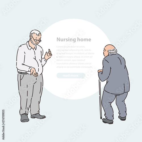Older men talking vector line art sketch illustration banner and round area for text.