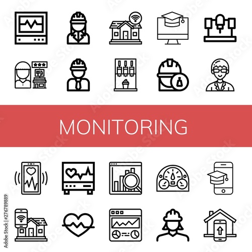 Set of monitoring icons such as Icu, Review, Engineer, Smart home, Machine, Screen, Technician, Heart monitoring, Electrocardiogram, Heart rate, Web analytics, Dashboard , monitoring