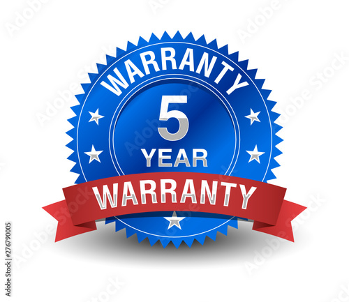 Reliable powerful 5 year warranty badge with red ribbon. 