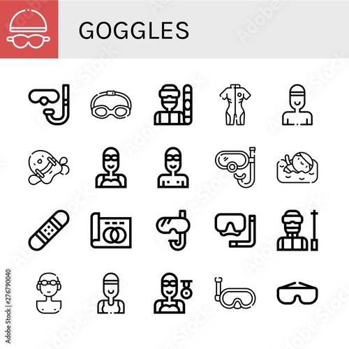 Set of goggles icons such as Goggles, Diving glasses, Snowboarder, Neoprene, Swimmer, Pool kickboard, Snorkel, Snowboard, Greyscale, Diving mask, Ski , goggles