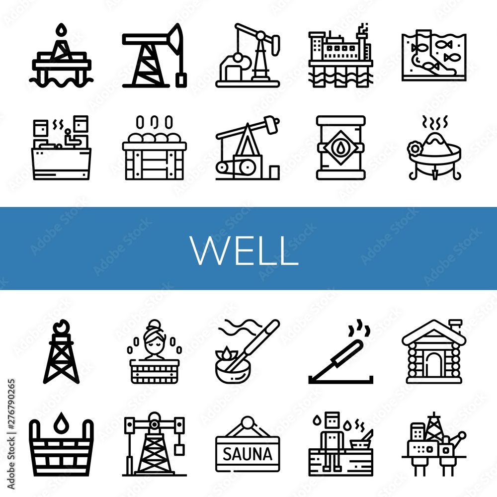 Set of well icons such as Oil platform, Sauna, Oil pump, Oil well, Pumpjack, rig, tank, Fish therapy, Incense , well