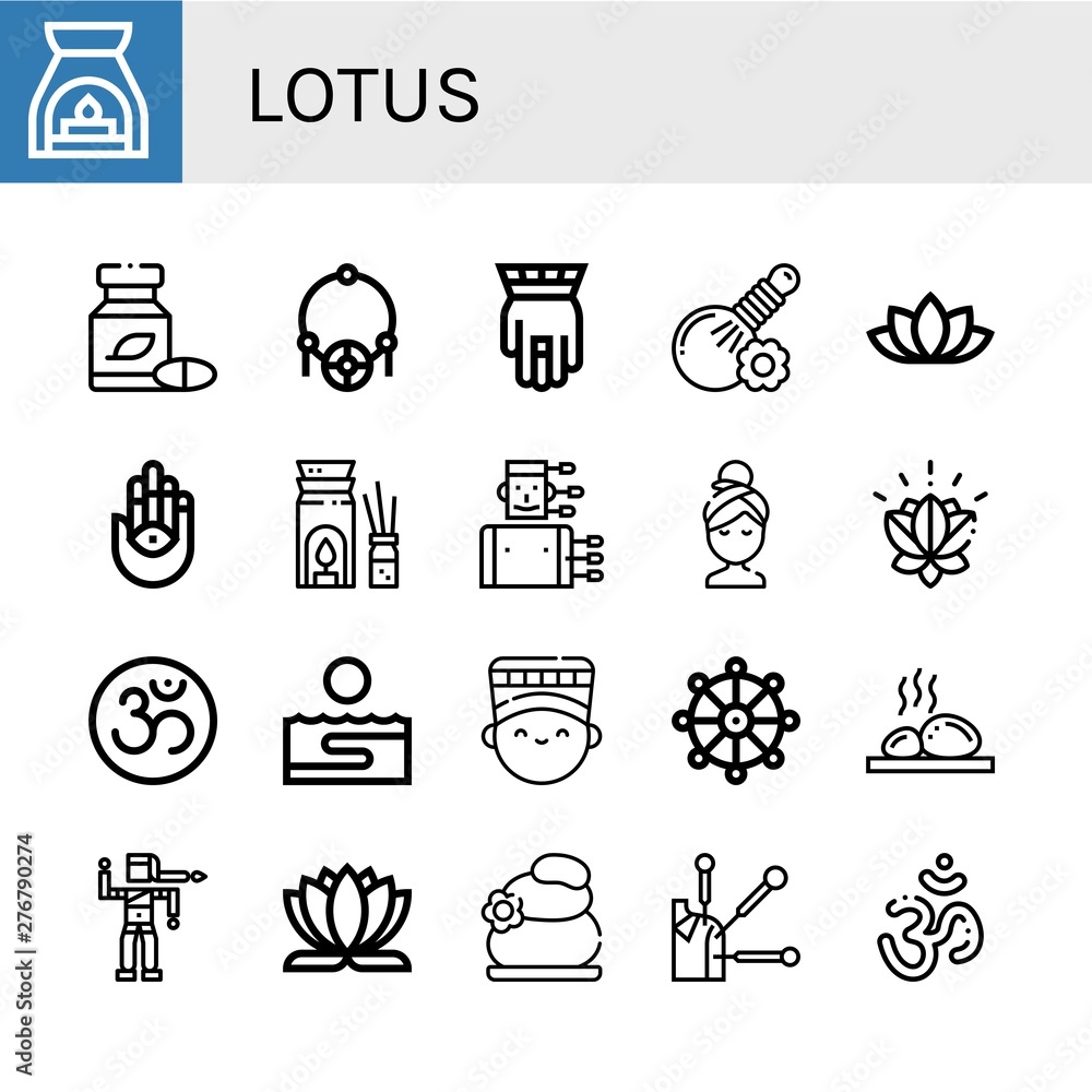 Set of lotus icons such as Aromatherapy, Herbal, Amulet, Hamsa, Lotus flower, Acupuncture, Relax, Lotus, Om, Thalassotherapy, Nefertiti, Buddhism, Lithotherapy, Bollywood ,