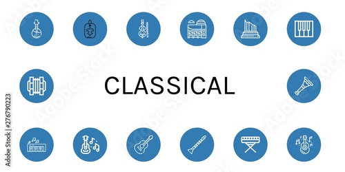 Set of classical icons such as Domra, Fleur de lis, Violin, Museum, Column, Piano, Guitar, Clarinet, Concertina, Trumpet , classical