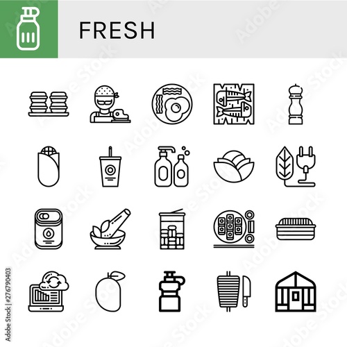 Set of fresh icons such as Water bottle, Macaroons, Butcher, Fried eggs, Mackerel, Pepper, Corn, Soda, Shampoo, Cabbage, Bio, Condensed milk, Herb, Mint, Sushi roll, Bread , fresh