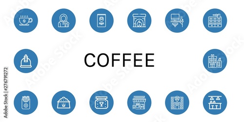 Set of coffee icons such as Coffee cup, Lunchroom, Nuts, Fireplace, Office, Hotel, French fries, Dog food, Bar, Cafe, Cupping , coffee