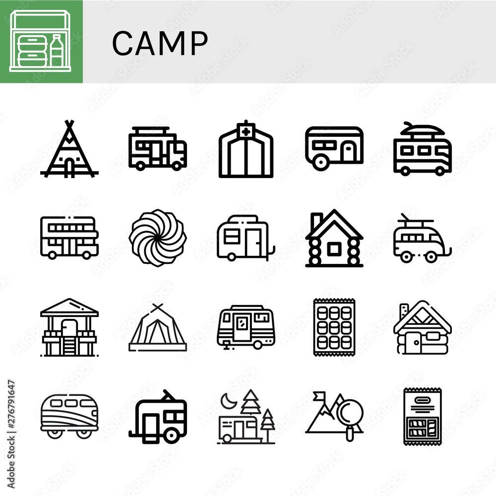 Set of camp icons such as Thermo bag, Teepee, Caravan, Tent, Camper, Touristic, Marshmallow, Wooden house, Hut, Cabin, Camping, Mountain , camp