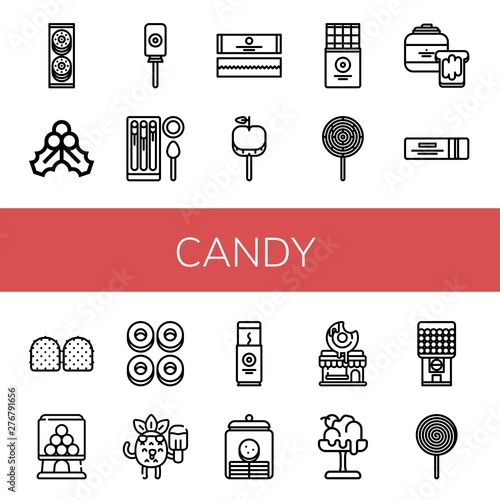 Set of candy icons such as Cookies, Mistletoe, Lollipop, Churros, Chewing gum, Caramelized apple, Chocolate bar, Peanut butter, Gummy, Candy machine, Cracknels, Popsicle , candy