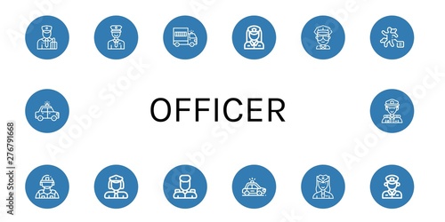 Set of officer icons such as Customs, Policeman, Prisoner transport vehicle, Policewoman, Cop, Crime scene, Riot police, Military, Police car, Hostess, Police , officer